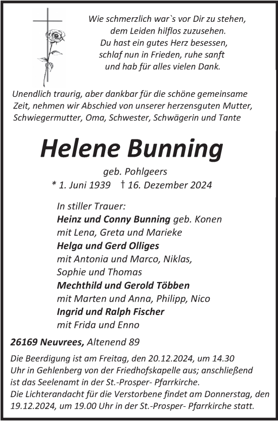 Traueranzeige von Helene Bunning von Nordwest-Zeitung