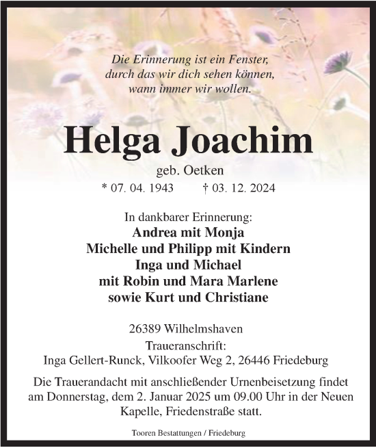 Traueranzeige von Helga Joachim von WZ/JW/AH