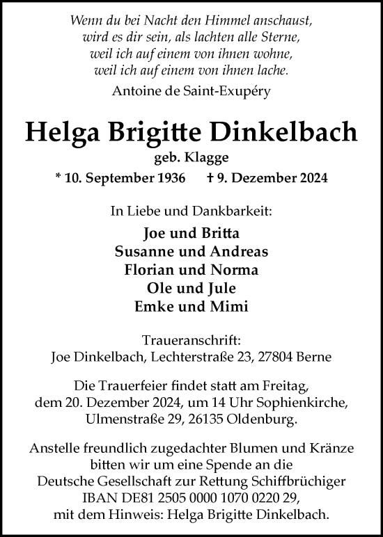 Traueranzeige von Helga Brigitte Dinkelbach von Nordwest-Zeitung