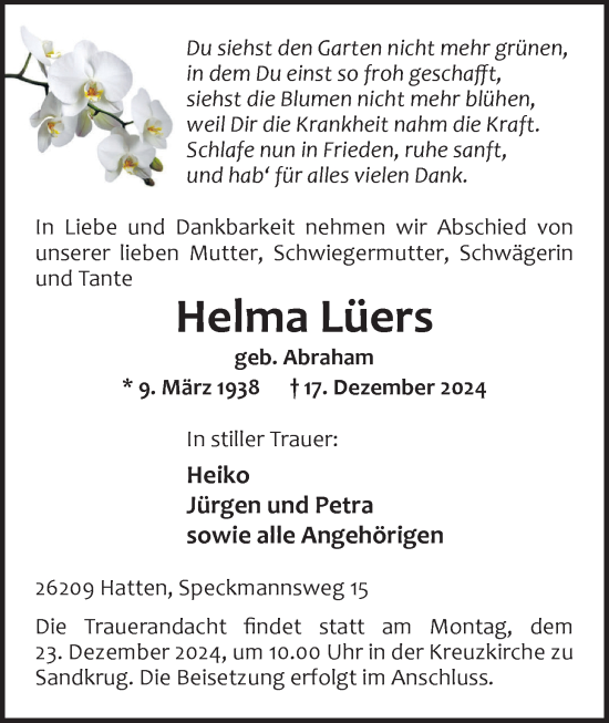 Traueranzeige von Helma Lüers von Nordwest-Zeitung