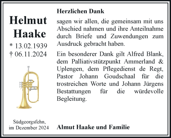 Traueranzeige von Helmut Haake von Nordwest-Zeitung