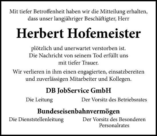 Traueranzeige von Herbert Hofemeister von Nordwest-Zeitung