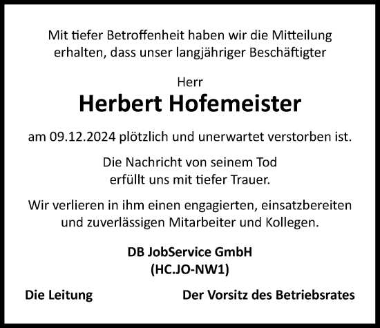 Traueranzeige von Herbert Hofemeister von Nordwest-Zeitung