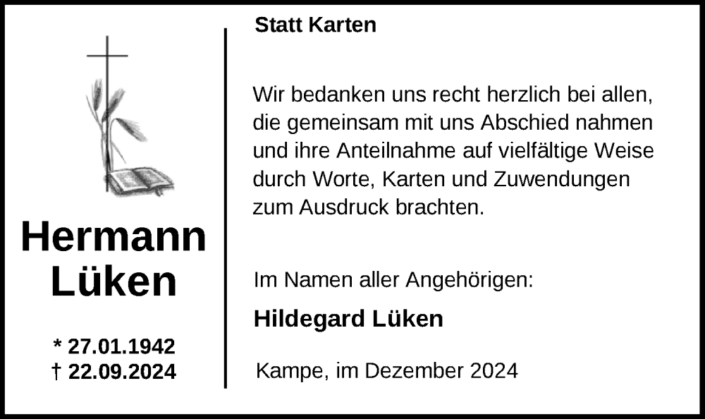  Traueranzeige für Hermann Lüken vom 14.12.2024 aus Nordwest-Zeitung