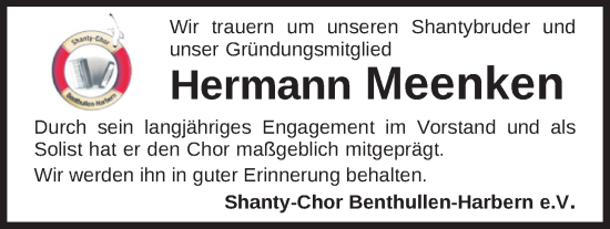 Traueranzeige von Hermann Meenken von Nordwest-Zeitung