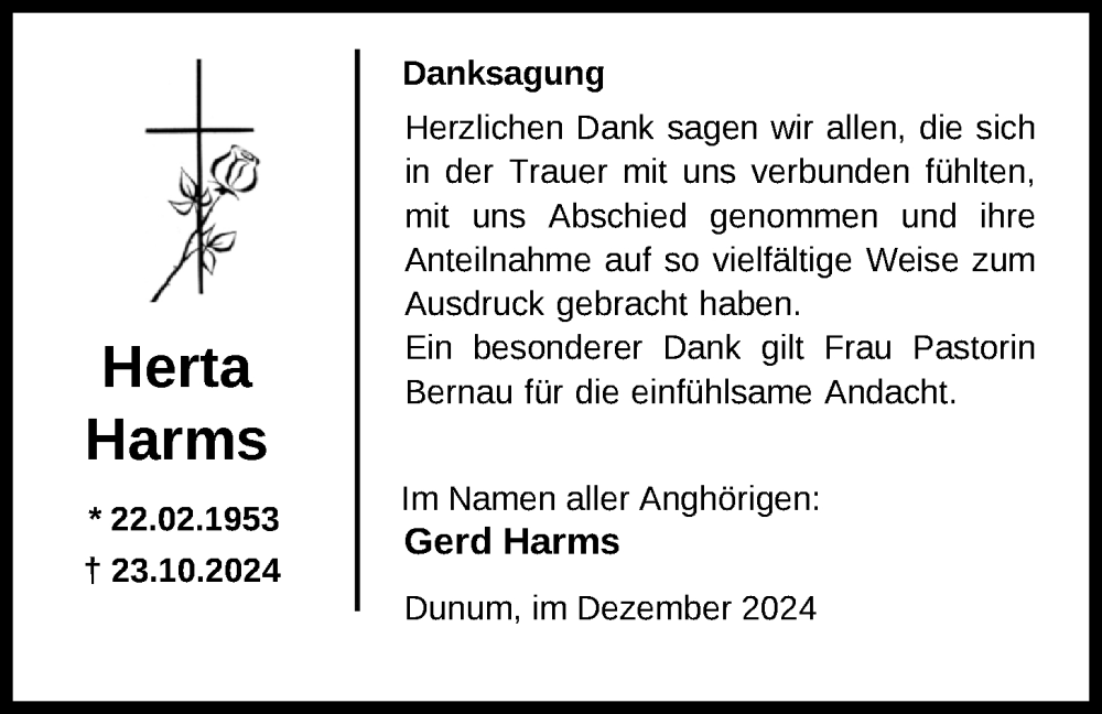  Traueranzeige für Herta Harms vom 16.12.2024 aus WZ/JW/AH