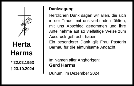 Traueranzeige von Herta Harms von Nordwest-Zeitung