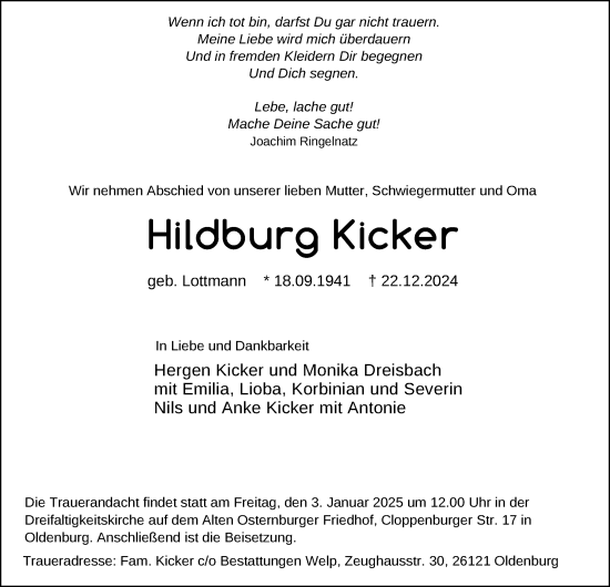 Traueranzeige von Hildburg Kicker von Nordwest-Zeitung