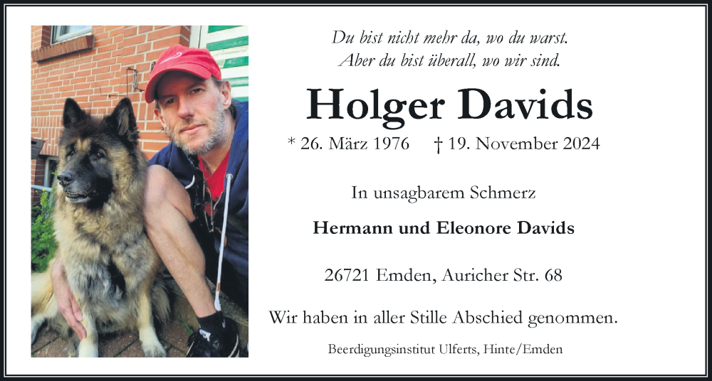  Traueranzeige für Holger Davids vom 04.12.2024 aus Emder Zeitung