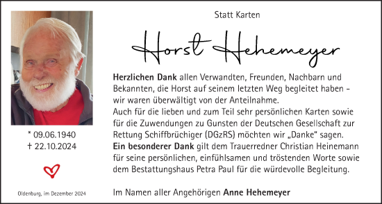 Traueranzeige von Horst Hehemeyer von Nordwest-Zeitung
