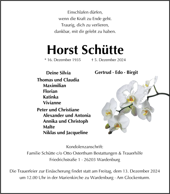 Traueranzeige von Horst Schütte von Nordwest-Zeitung