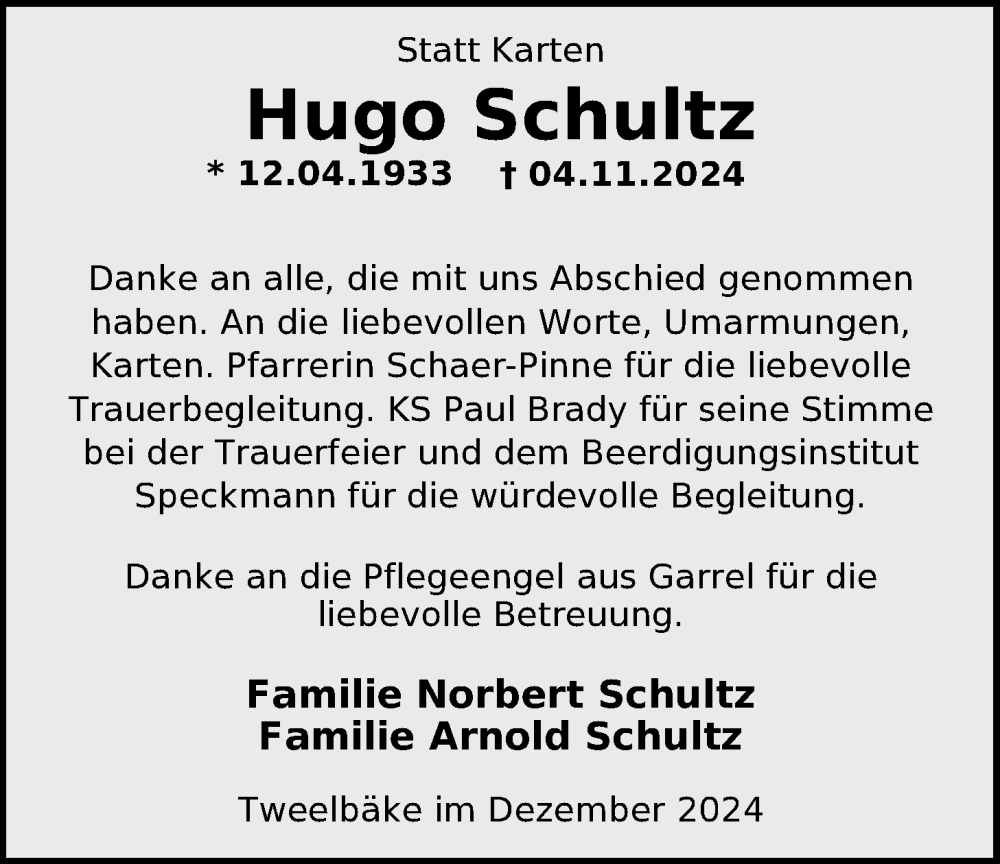  Traueranzeige für Hugo Schultz vom 14.12.2024 aus Nordwest-Zeitung
