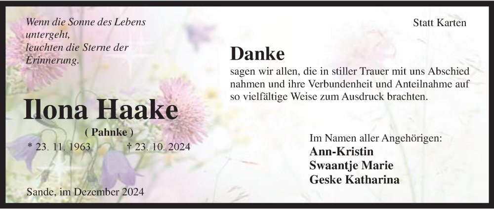  Traueranzeige für Ilona Haake vom 13.12.2024 aus Nordwest-Zeitung