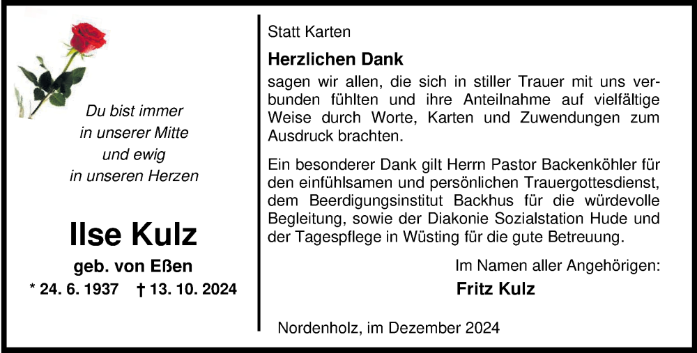  Traueranzeige für Ilse Kulz vom 13.12.2024 aus Nordwest-Zeitung