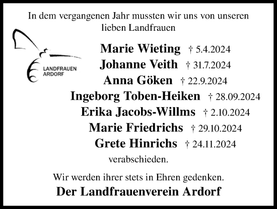 Traueranzeige von Im Gedenken 2024 Landfrauenverein Ardorf von WZ/JW/AH