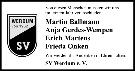 Traueranzeige von Im Gedenken 2024 SV Werdum e. V. von WZ/JW/AH
