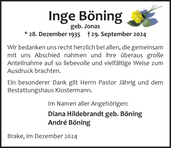 Traueranzeige von Inge Böning von Nordwest-Zeitung