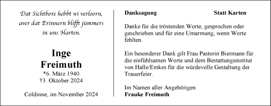Traueranzeige von Inge Freimuth von WZ/JW/AH