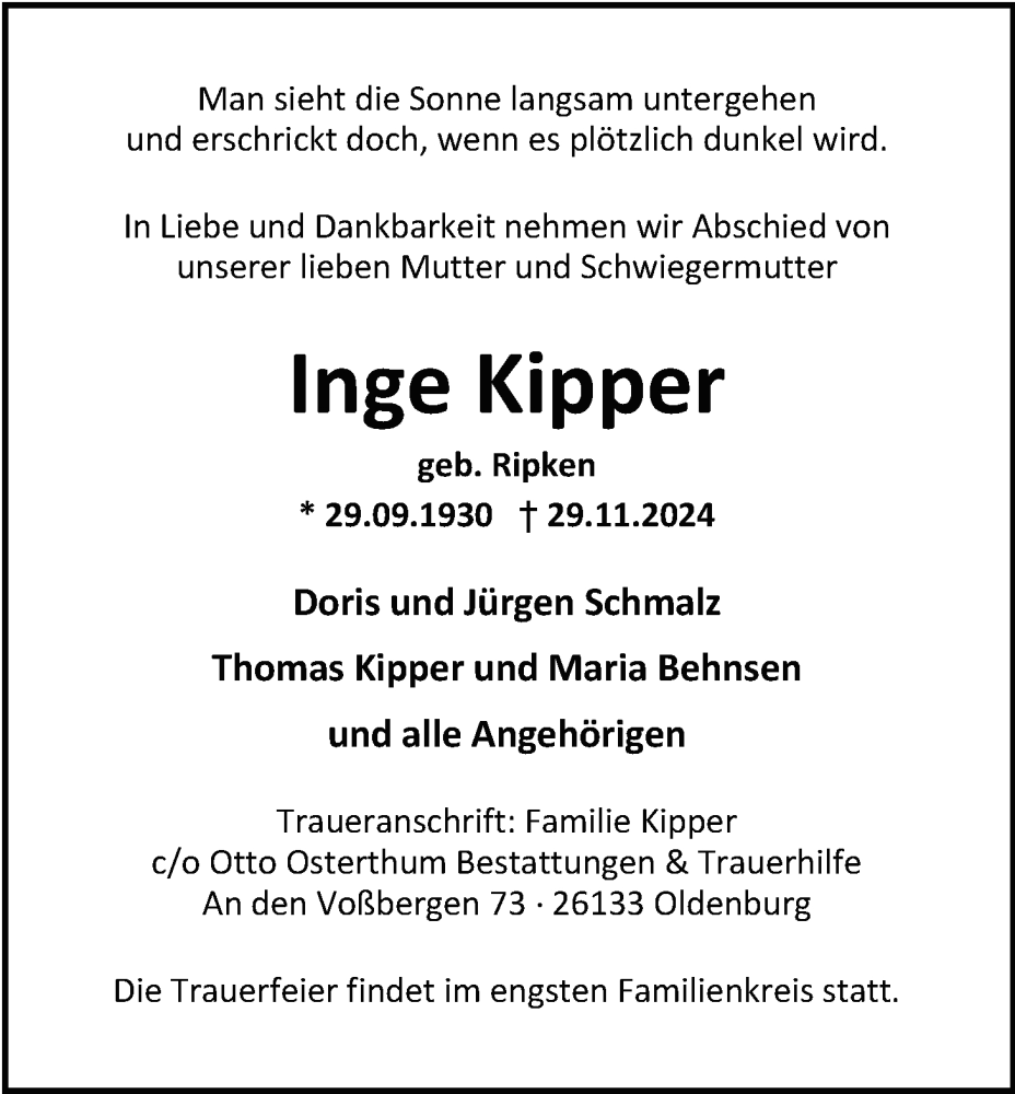  Traueranzeige für Inge Kipper vom 07.12.2024 aus Nordwest-Zeitung