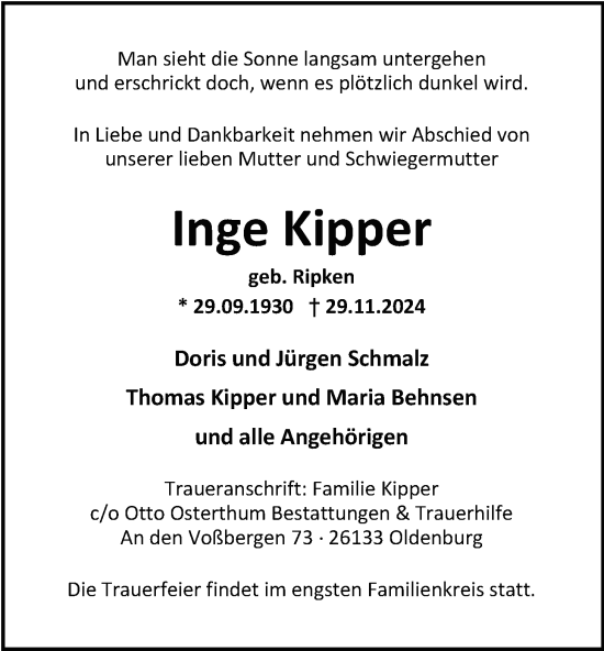 Traueranzeige von Inge Kipper von Nordwest-Zeitung