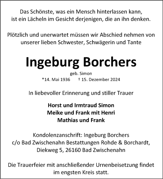 Traueranzeige von Ingeburg Borchers von Nordwest-Zeitung