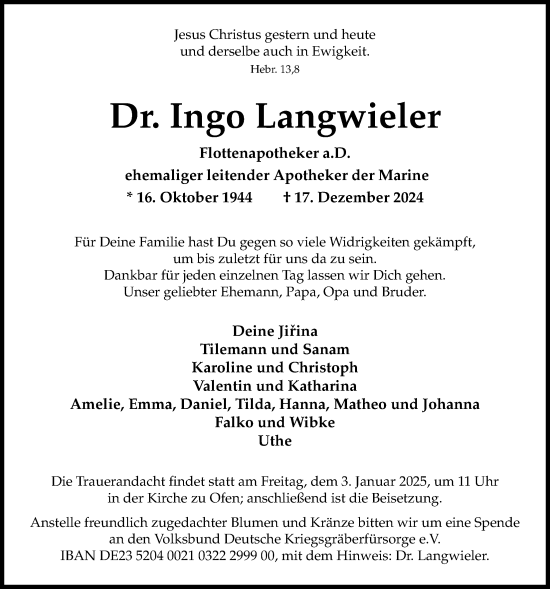 Traueranzeige von Ingo Langwieler von Nordwest-Zeitung