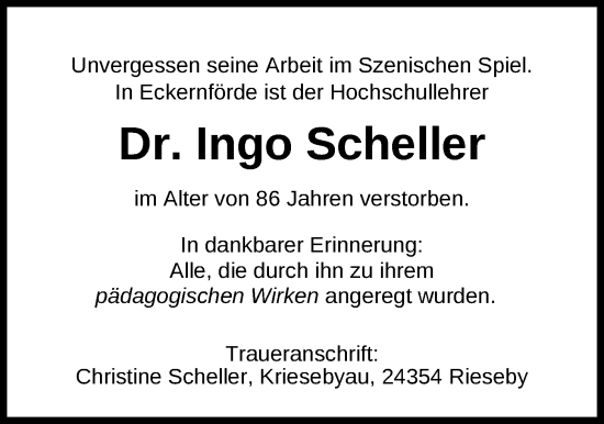 Traueranzeige von Ingo Scheller von Nordwest-Zeitung