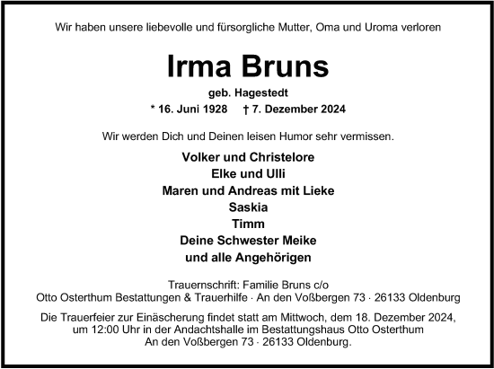 Traueranzeige von Irma Bruns von Nordwest-Zeitung