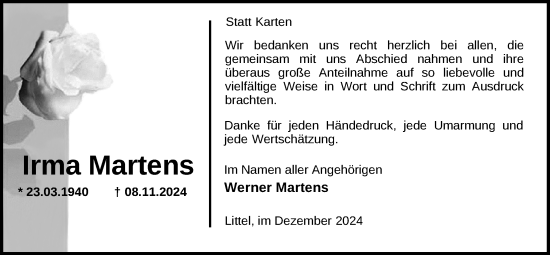 Traueranzeige von Irma Martens von Nordwest-Zeitung