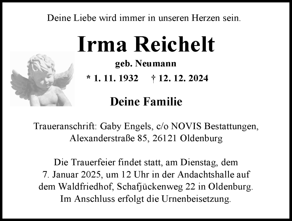  Traueranzeige für Irma Reichelt vom 28.12.2024 aus Nordwest-Zeitung