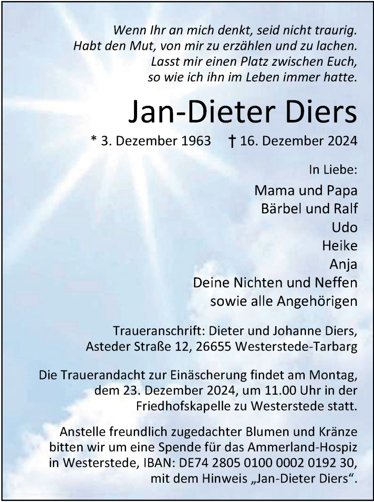  Traueranzeige für Jan-Dieter Diers vom 19.12.2024 aus Nordwest-Zeitung