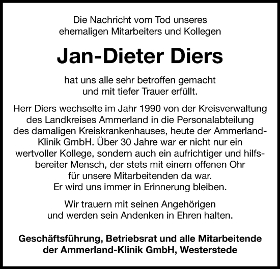 Traueranzeige von Jan-Dieter Diers von Nordwest-Zeitung