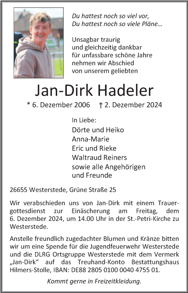  Traueranzeige für Jan-Dirk Hadeler vom 04.12.2024 aus Nordwest-Zeitung