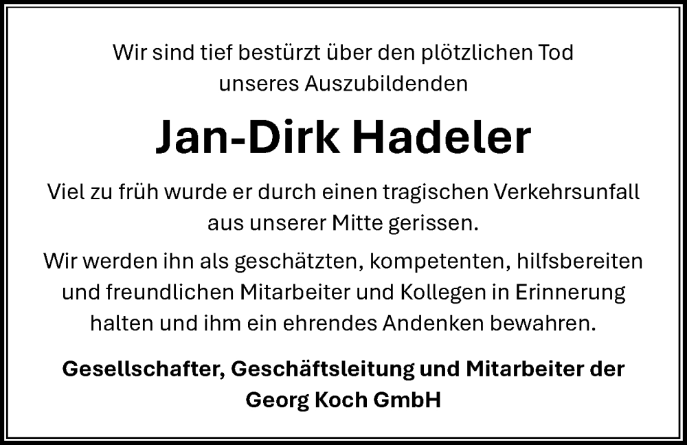  Traueranzeige für Jan-Dirk Hadeler vom 04.12.2024 aus Nordwest-Zeitung