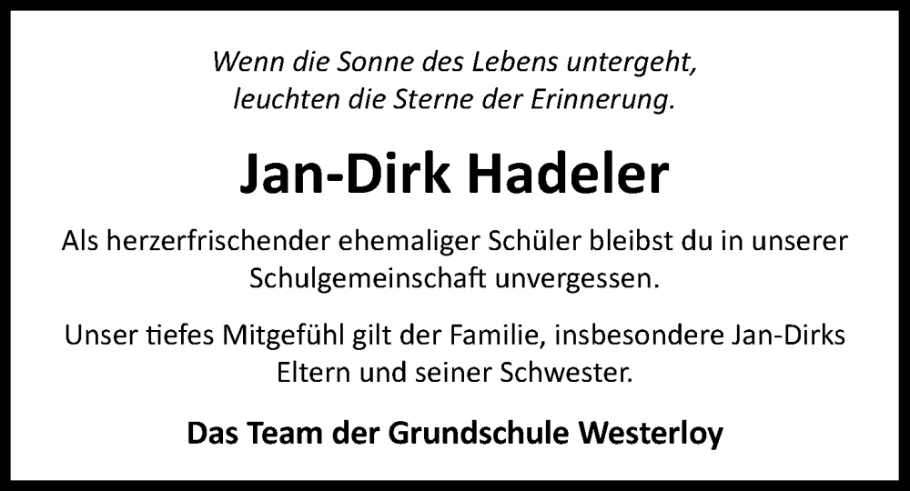  Traueranzeige für Jan-Dirk Hadeler vom 06.12.2024 aus Nordwest-Zeitung