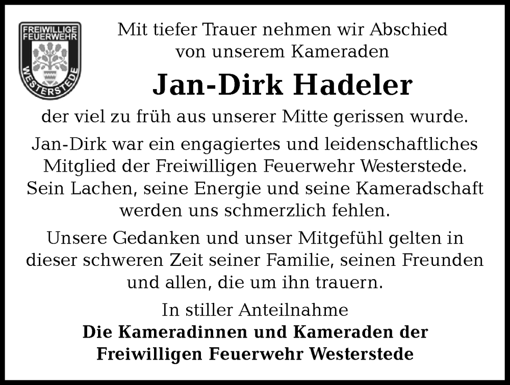  Traueranzeige für Jan-Dirk Hadeler vom 04.12.2024 aus Nordwest-Zeitung