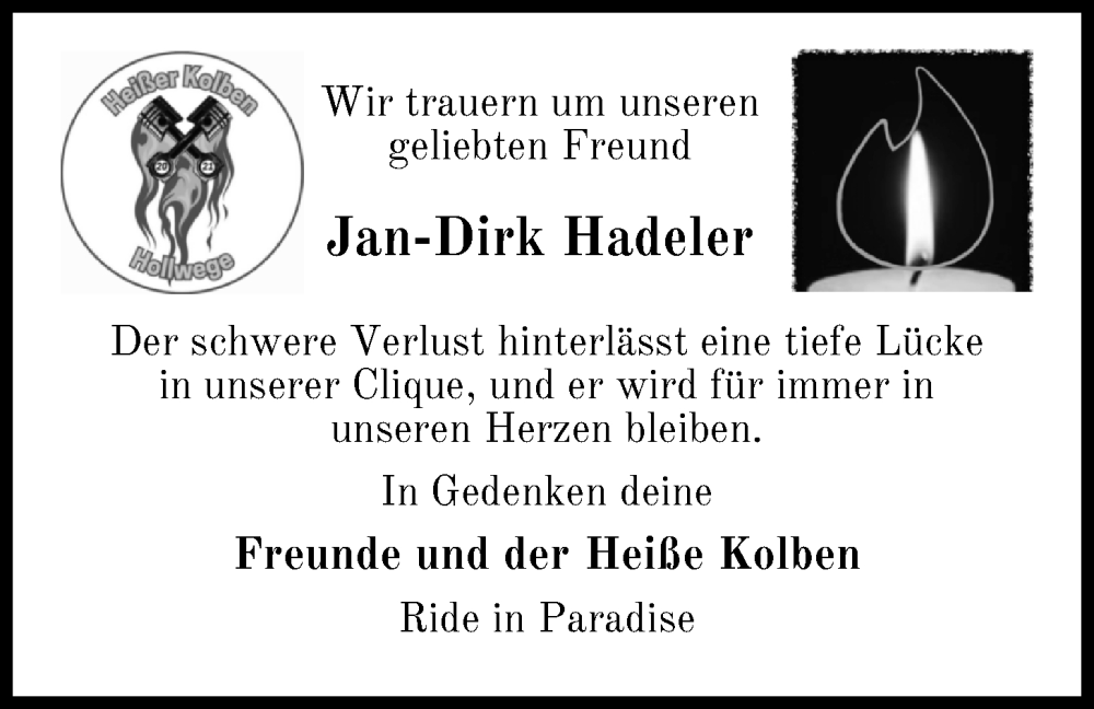  Traueranzeige für Jan-Dirk Hadeler vom 04.12.2024 aus Nordwest-Zeitung