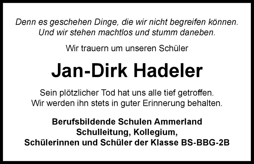  Traueranzeige für Jan-Dirk Hadeler vom 05.12.2024 aus Nordwest-Zeitung