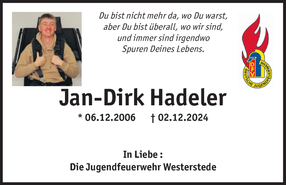  Traueranzeige für Jan-Dirk Hadeler vom 04.12.2024 aus Nordwest-Zeitung