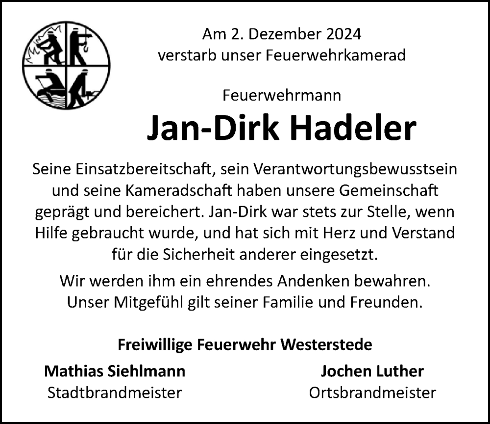  Traueranzeige für Jan-Dirk Hadeler vom 04.12.2024 aus Nordwest-Zeitung