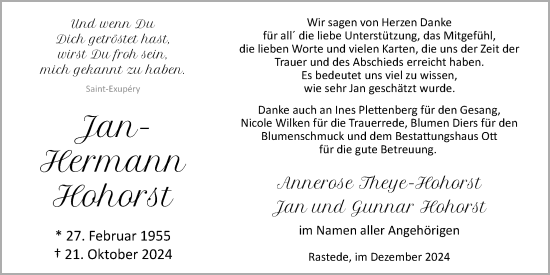 Traueranzeige von Jan-Hermann Hohorst von Nordwest-Zeitung