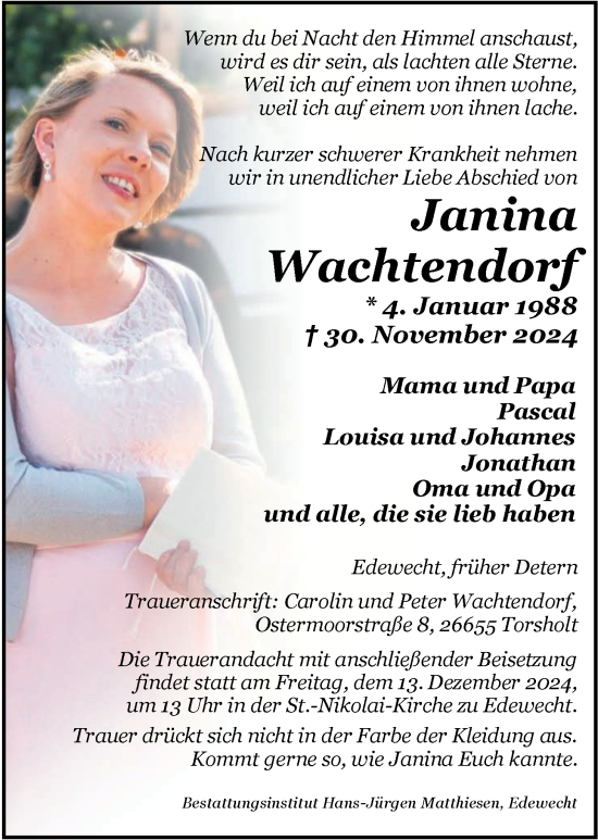 Traueranzeige von Janina Wachtendorf von Nordwest-Zeitung