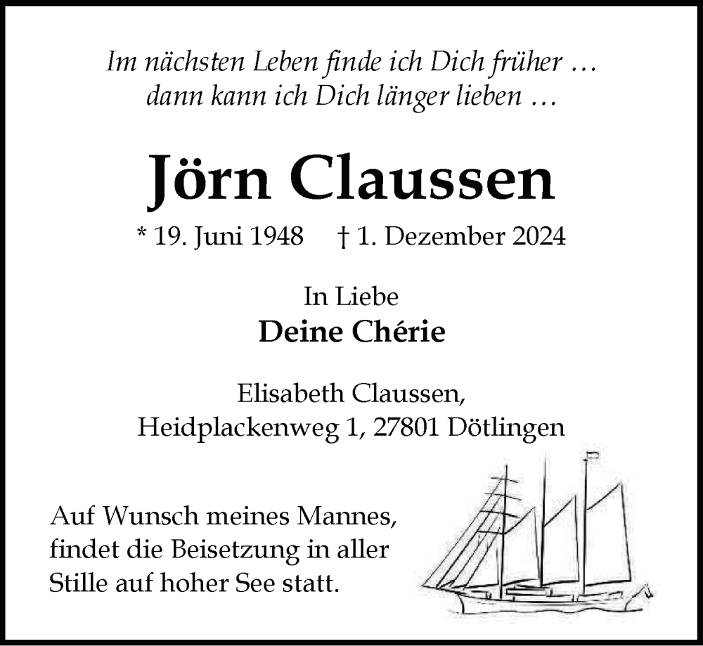  Traueranzeige für Jörn Claussen vom 14.12.2024 aus Nordwest-Zeitung