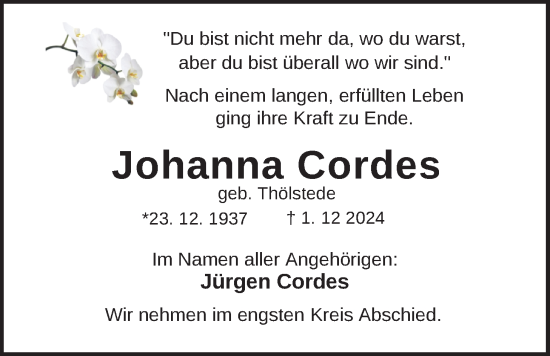 Traueranzeige von Johanna Cordes von Nordwest-Zeitung