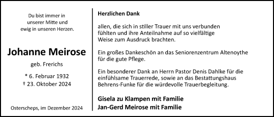 Traueranzeige von Johanne Meirose von Nordwest-Zeitung
