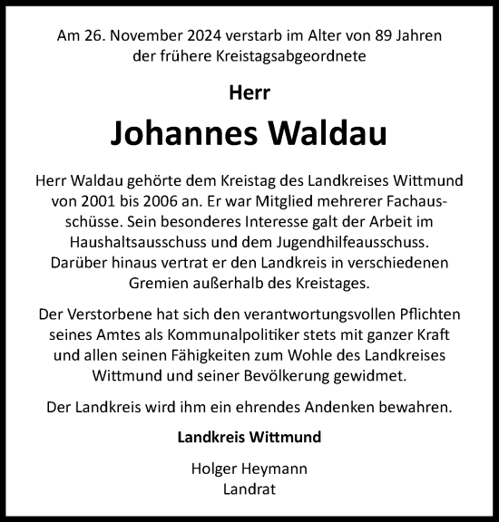 Traueranzeige von Johannes Waldau von WZ/JW/AH