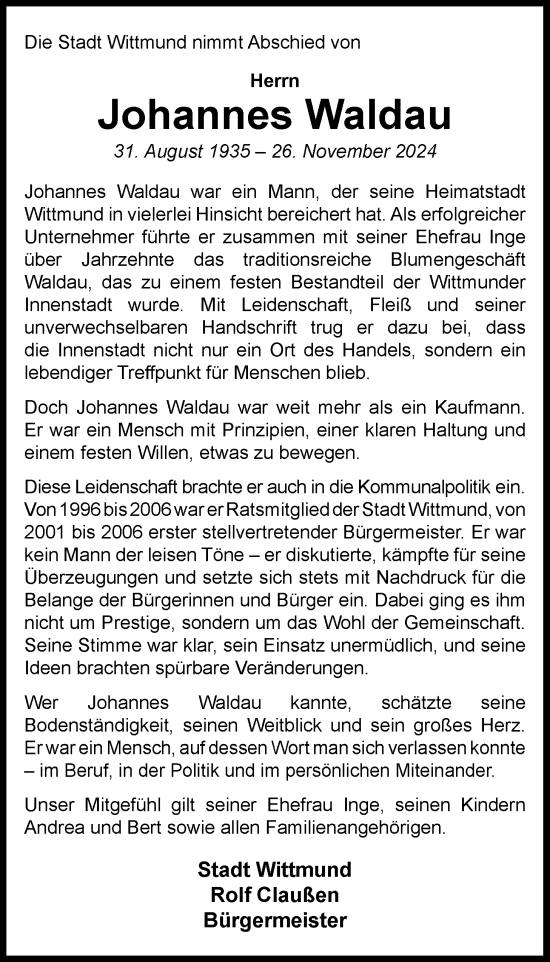 Traueranzeige von Johannes Waldau von WZ/JW/AH