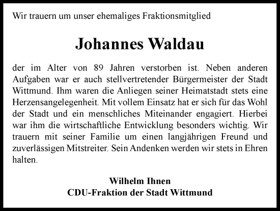 Traueranzeige von Johannes Waldau von WZ/JW/AH