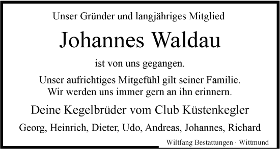 Traueranzeige von Johannes Waldau von WZ/JW/AH