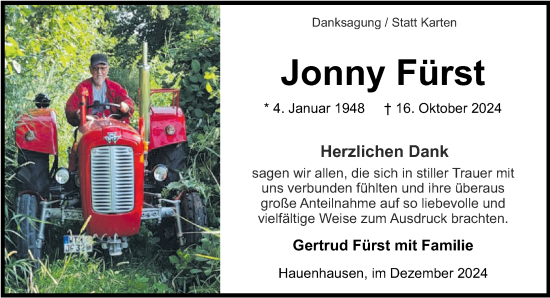 Traueranzeige von Jonny Fürst von WZ/JW/AH